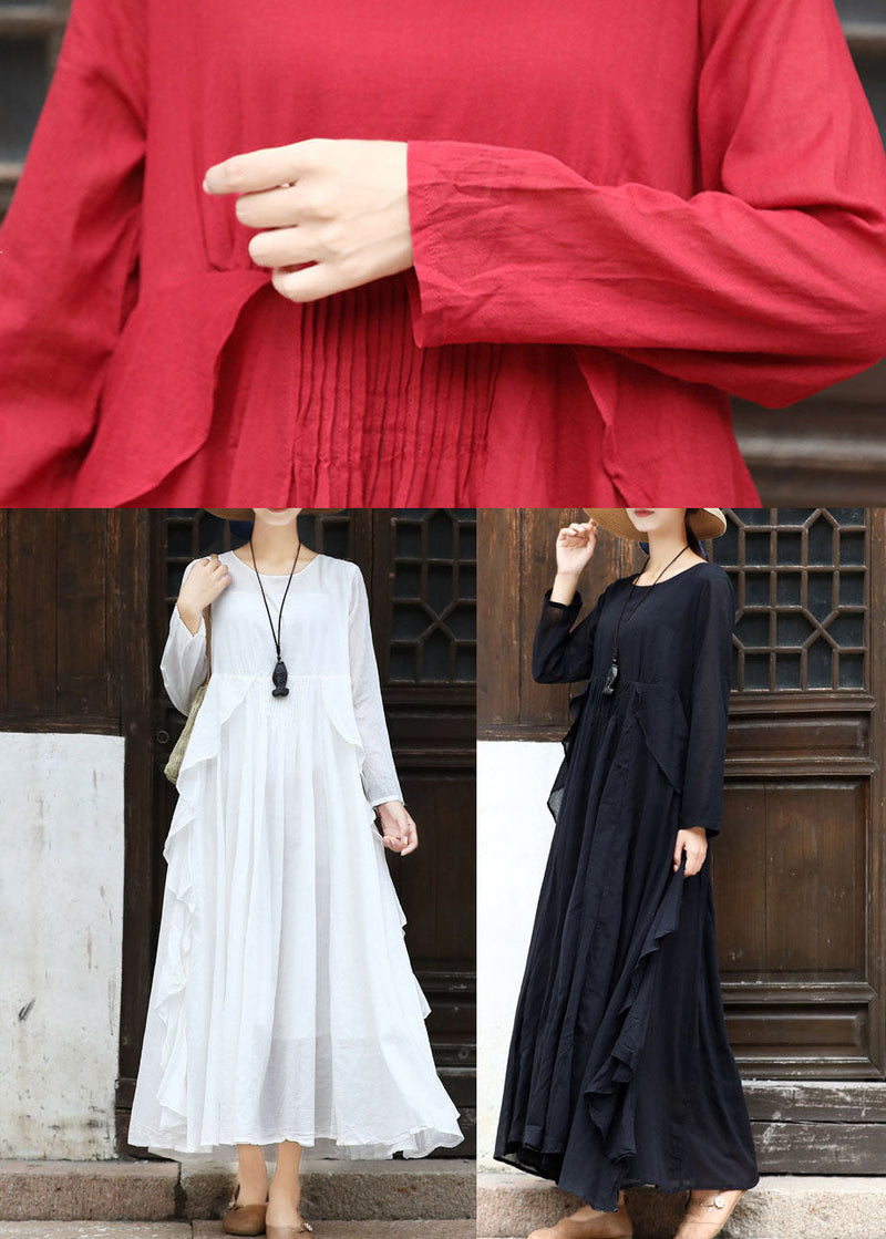 French White O-neck Ruffled Cotton Party Dress Long Sleeve