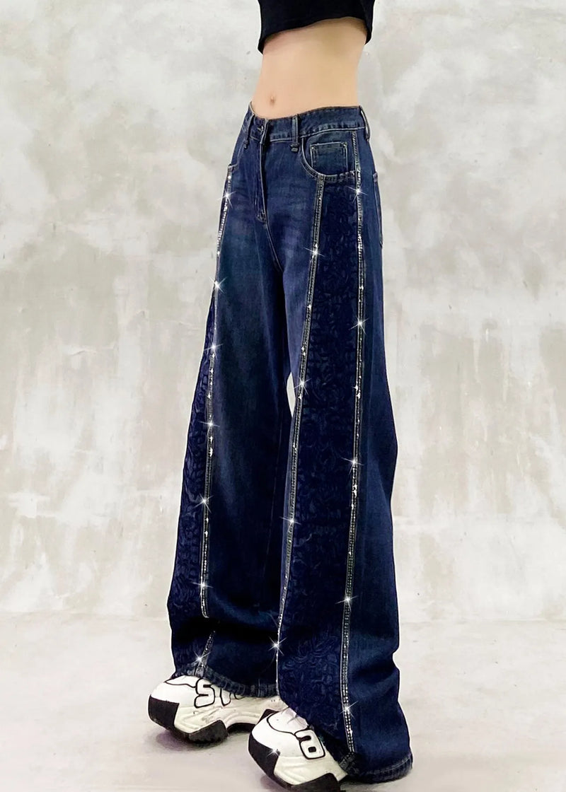 Boutique Blue Embroidered Zircon Patchwork Denim Pants Fall
