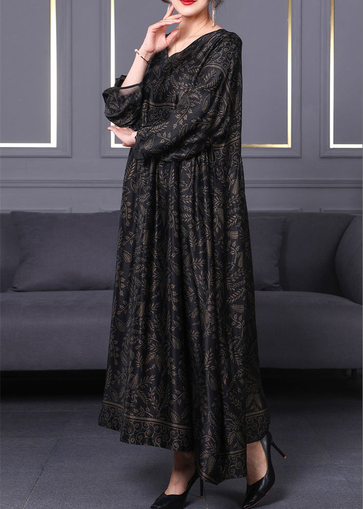 Black O-neck Print Silk Maxi Dress Long Sleeve