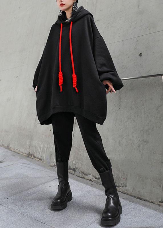 Style Black Hooded Pockets Drawstring Fall Loose Sweatshirts Top