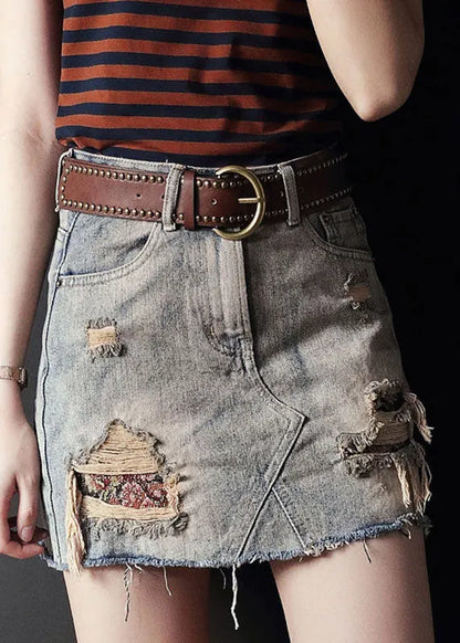 Grey High Waist Tassel Pockets Cotton Denim Ripped Skirts Summer