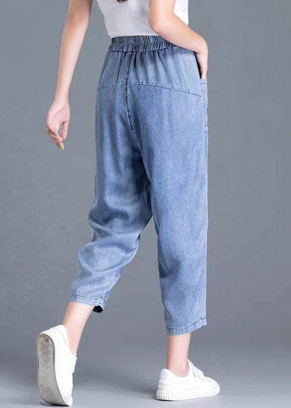 Light Blue Elastic Waist Pockets Patchwork Cotton Denim Harem Pants Summer