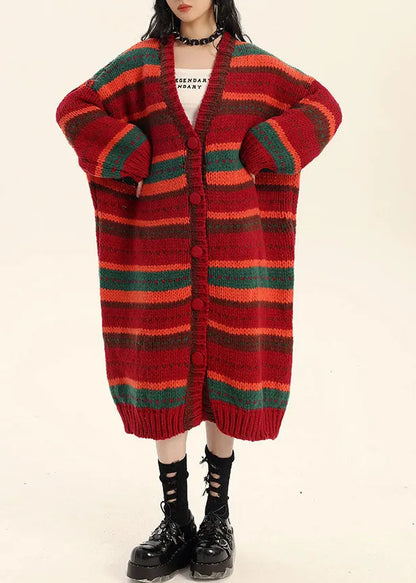 Loose Red V Neck Striped Button Cotton Knit Waistcoat Fall