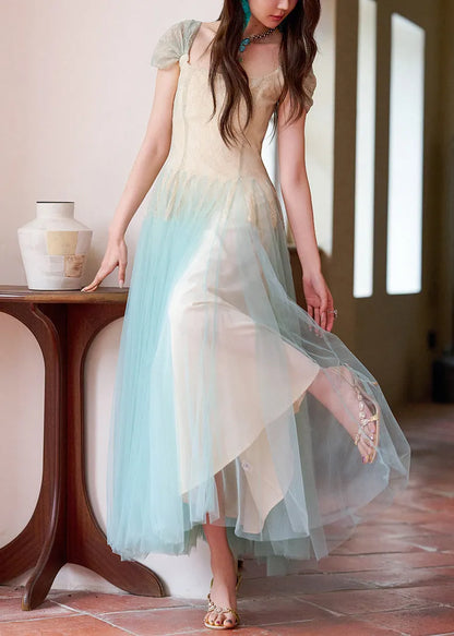 Apricot Sequins Lace Patchwork Tulle Long Dress Summer