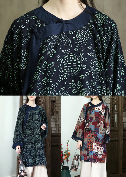 Navy Print Button Patchwork Cotton Mid Dress Fall