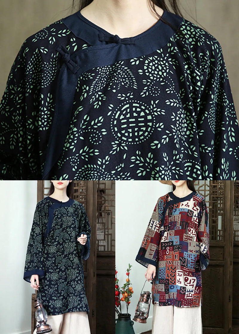 Navy Print Button Patchwork Cotton Mid Dress Fall