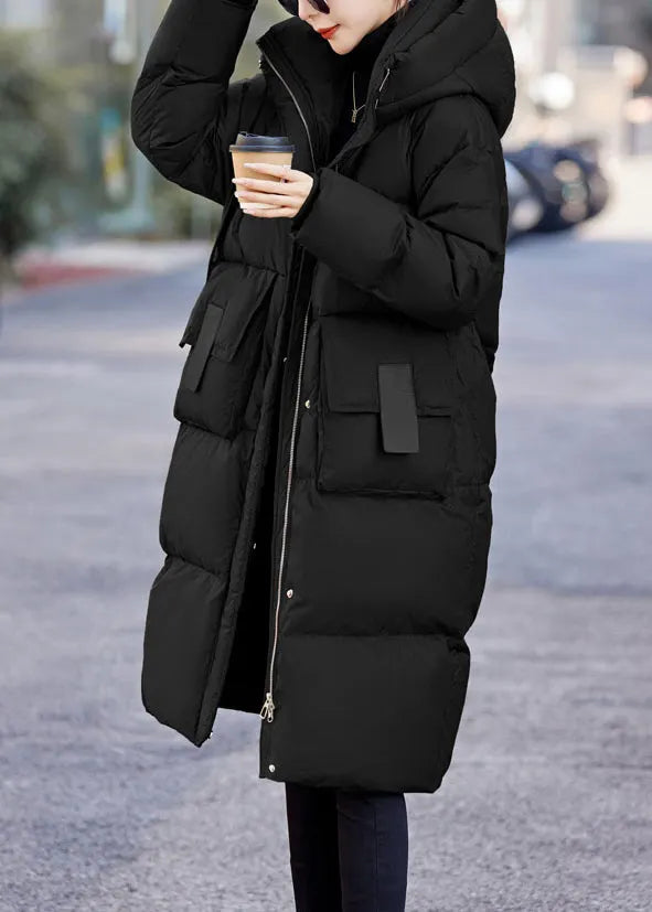 French Black Hooded Pockets Duck Down Winter Coats