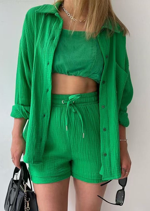 Green Oversized Pocket Cotton 2 Piece Outfit Summer