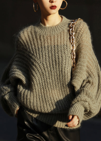 Green Cozy Ma Hai Mao Knit Sweater Lantern Sleeve Long Sleeve