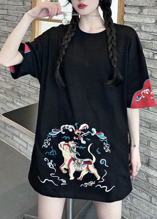 Black Patchwork Loose Tanks O-neck Short Sleeve