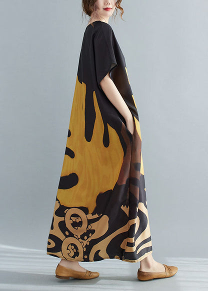 Loose Black V Neck Oversized Leaf Print Chiffon Long Dress Short Sleeve Summer