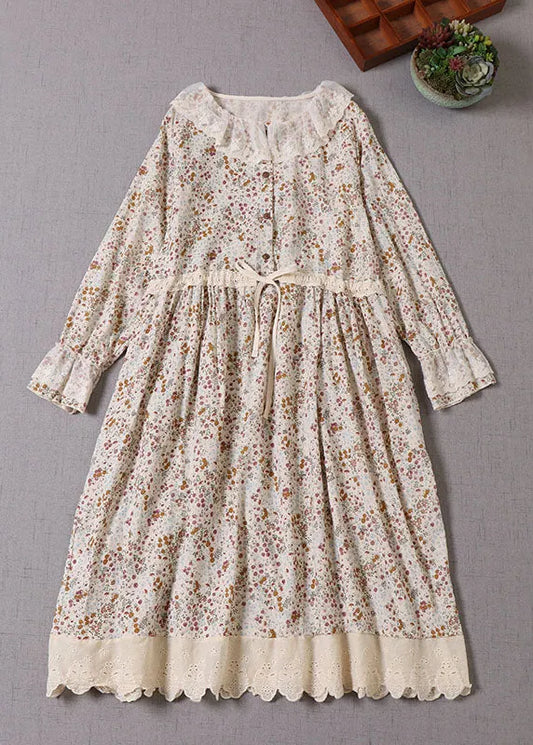 Art Apricot Peter Pan Collar Print Drawstring Dresses Spring