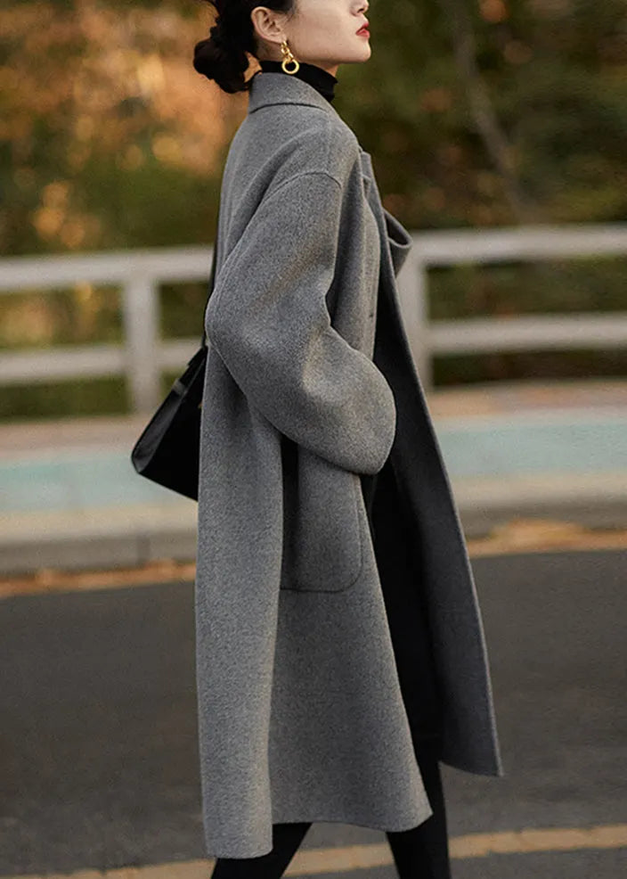 Grey Peter Pan Collar Pockets Woolen Coats Winter