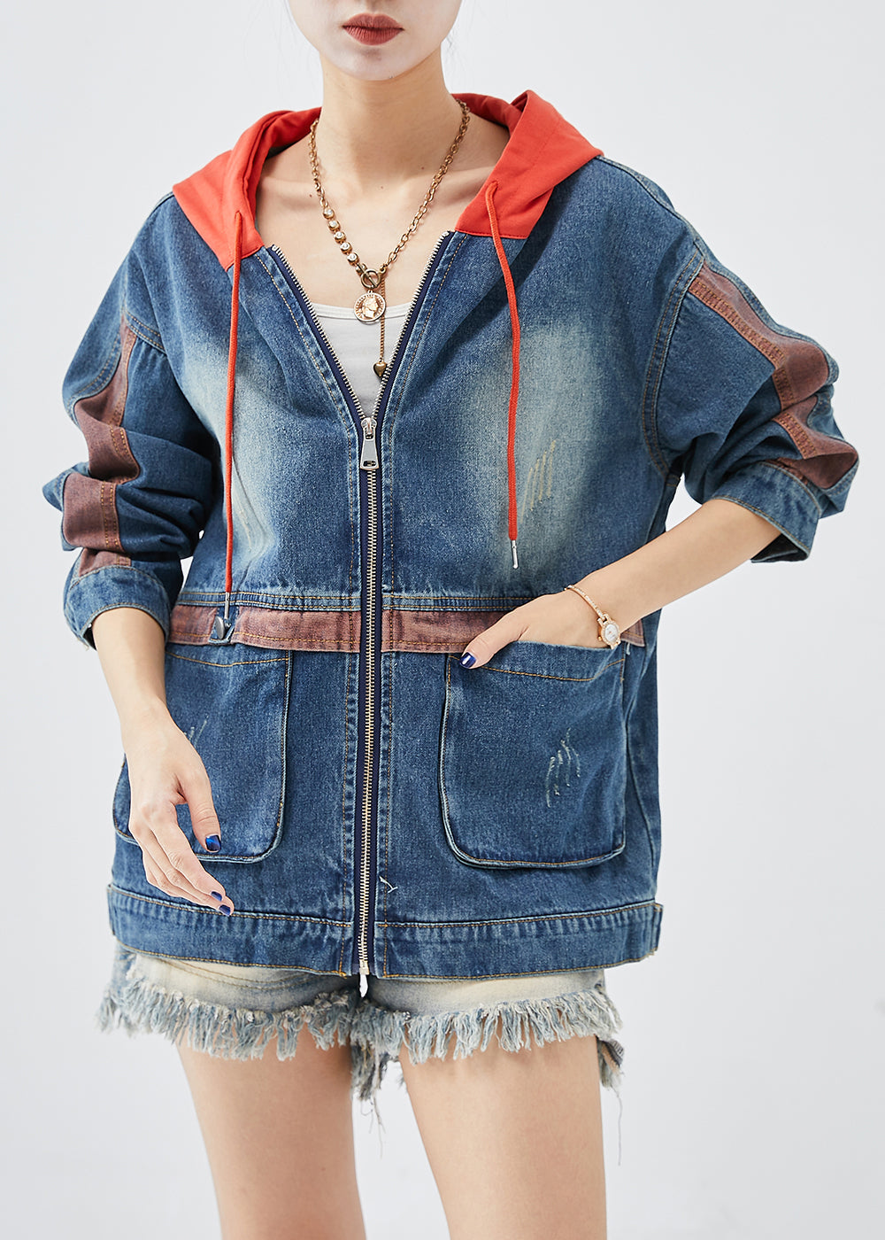 Red Hooded Patchwork Denim Coats Fall