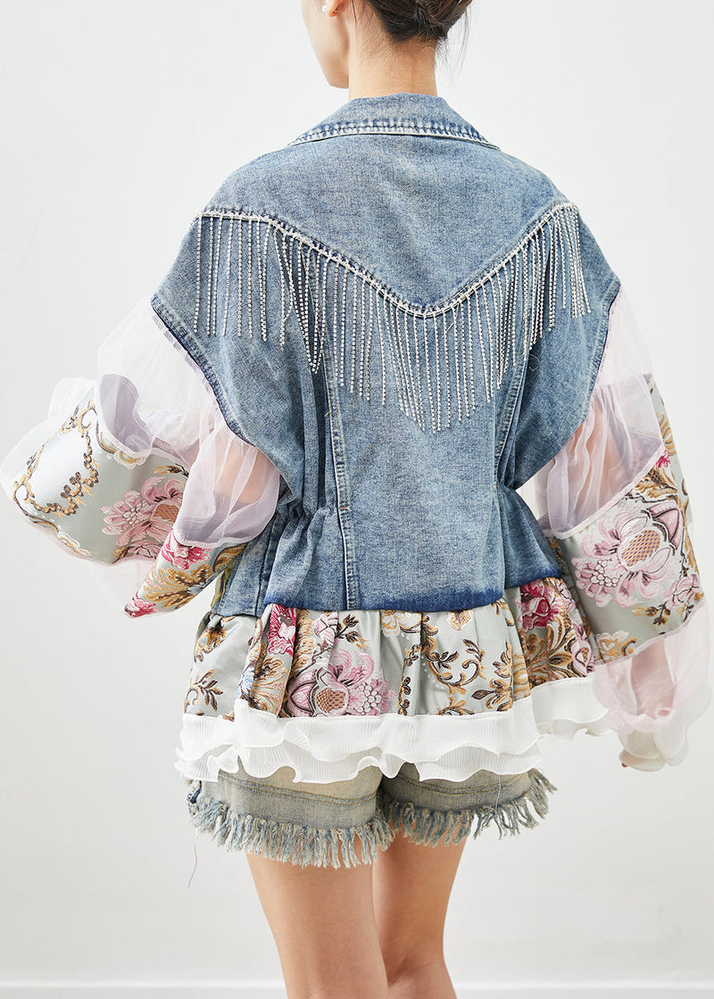 Blue Tasseled Patchwork Tulle Denim Coat Lantern Sleeve