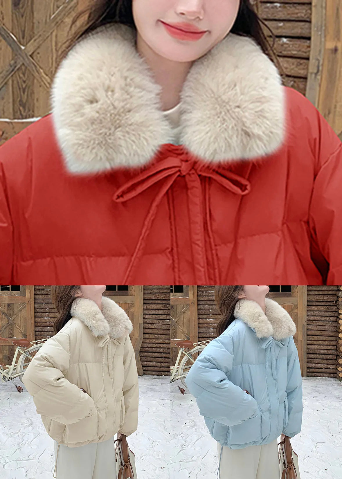 Beige Drawstring Patchwork Duck Down Down Coat Fur Collar
