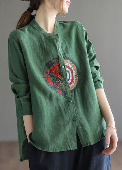Green Embroideried Linen Shirt Top Long Sleeve