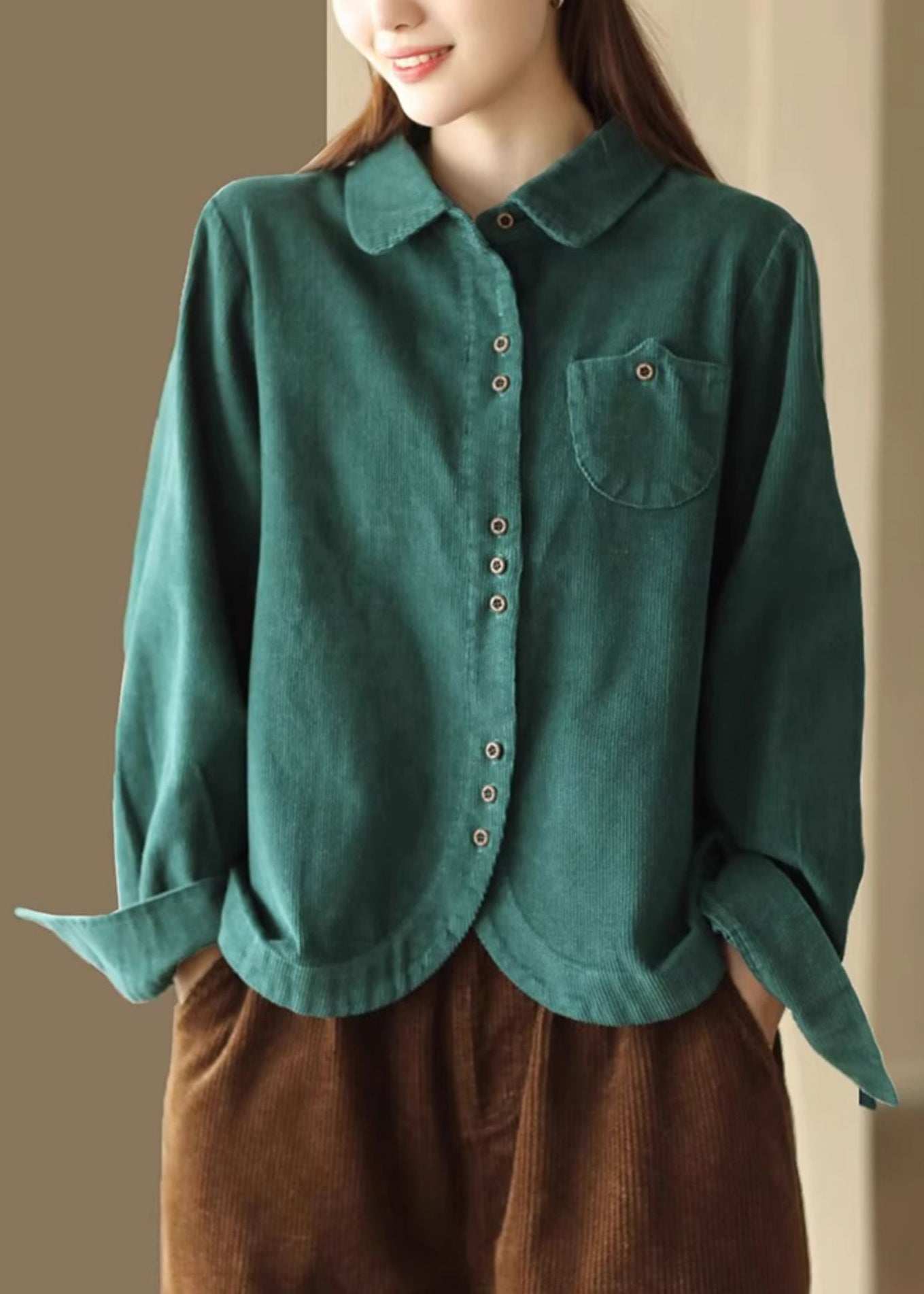 French Green Button Pockets Corduroy Blouses Long Sleeve Spring