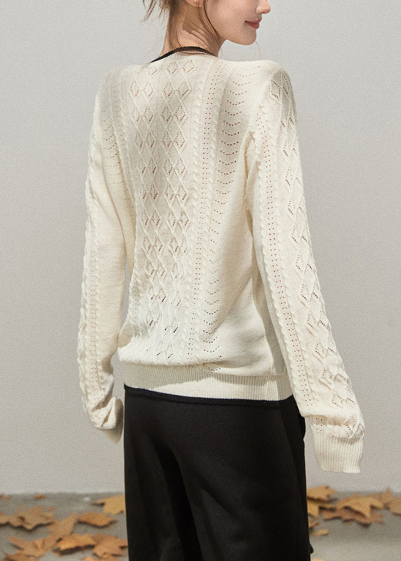 White Hollow Out Side Open Knit Tops Fall