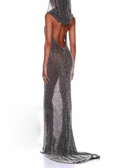 Silvery Zircon Silk Hooded Maxi Dress Summer
