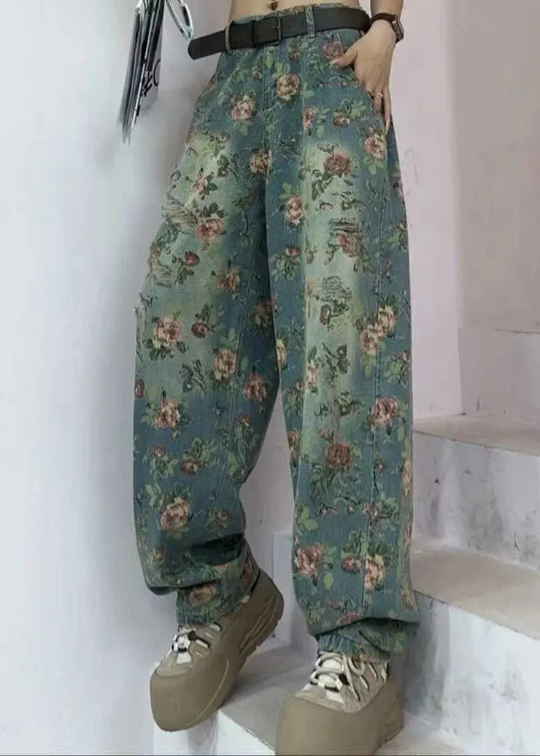 Tea Green Oversized Print Denim Pants Fall