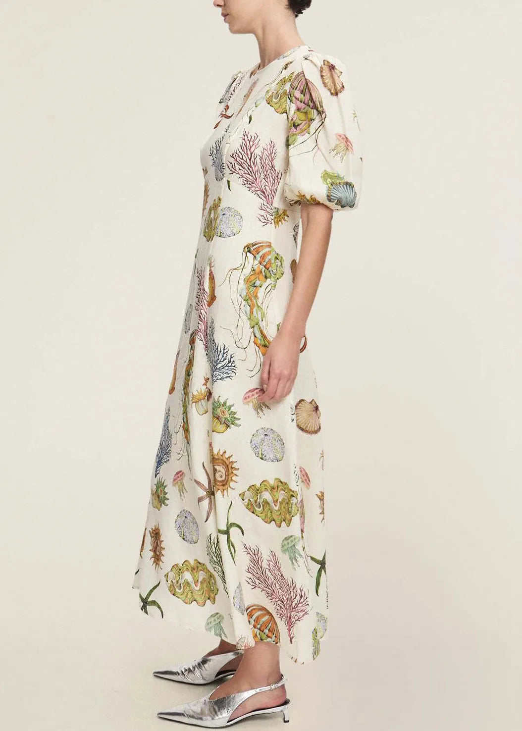 Fitted O Neck Print Cotton Long Dress Lantern Sleeve
