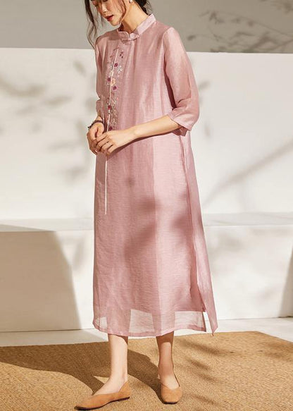 Blue Side Open Embroideried Summer Linen Vacation Dresses Half Sleeve