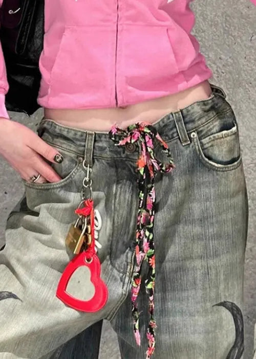 Modern Print Pockets High Waist Denim Wide Leg Pants Spring