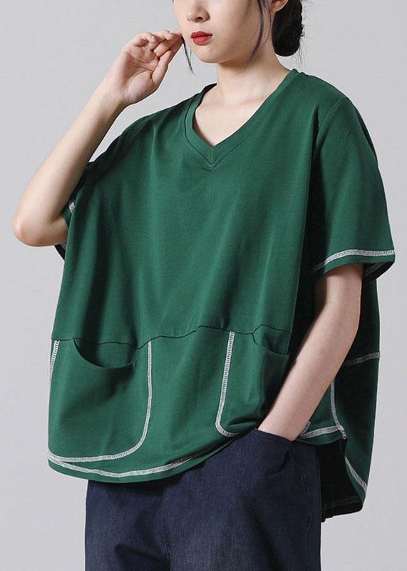 Green V Neck Short Sleeve Cotton Shirt