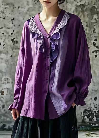 Purple V Neck Ruffled Patchwork Shirt Fall