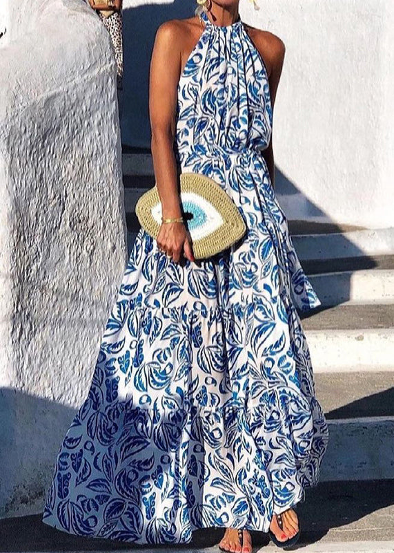 Italian Green Backless Print Cotton Maxi Halter Dresses Summer