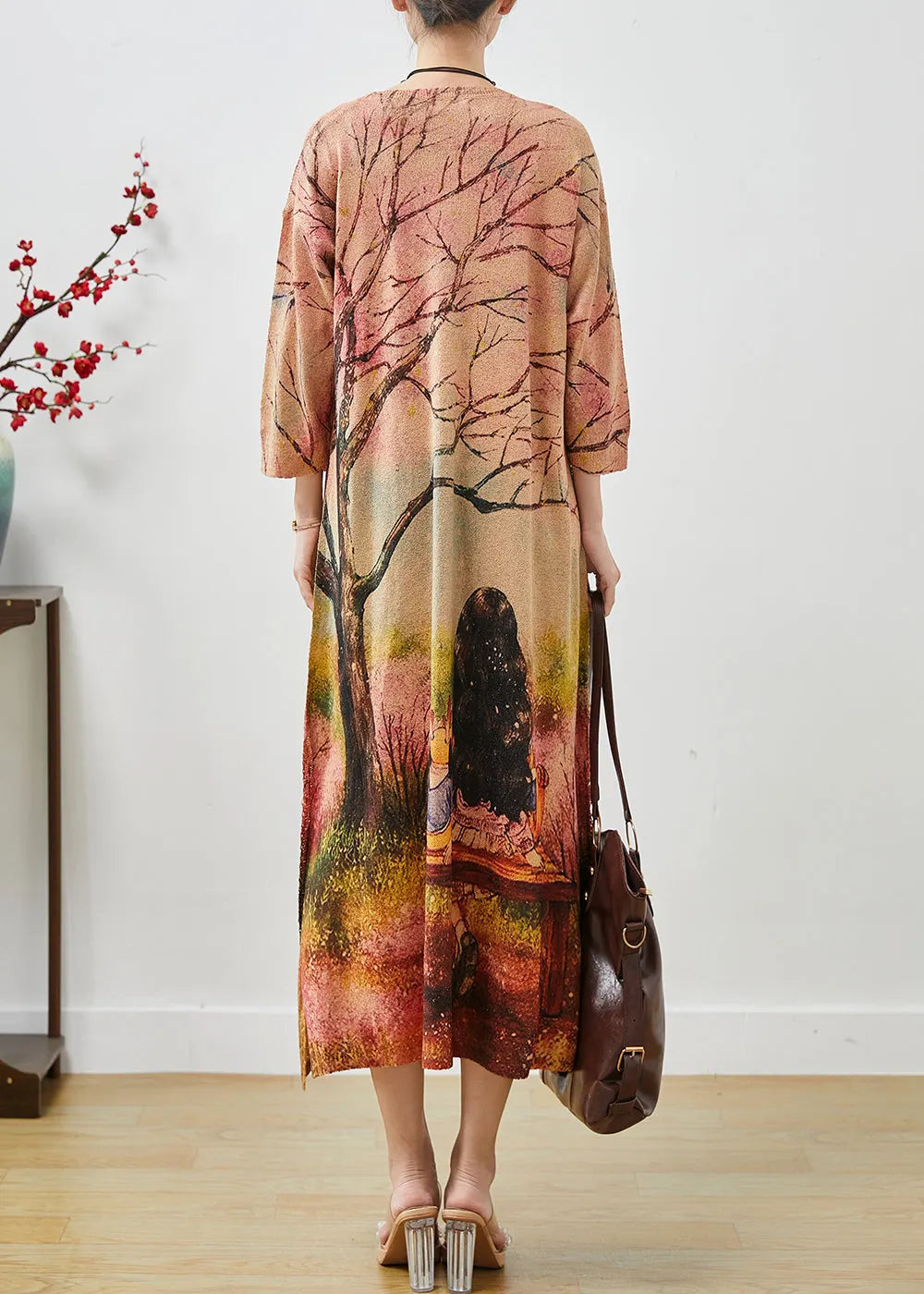 Khaki Oversized Print Knit Long Dresses Fall