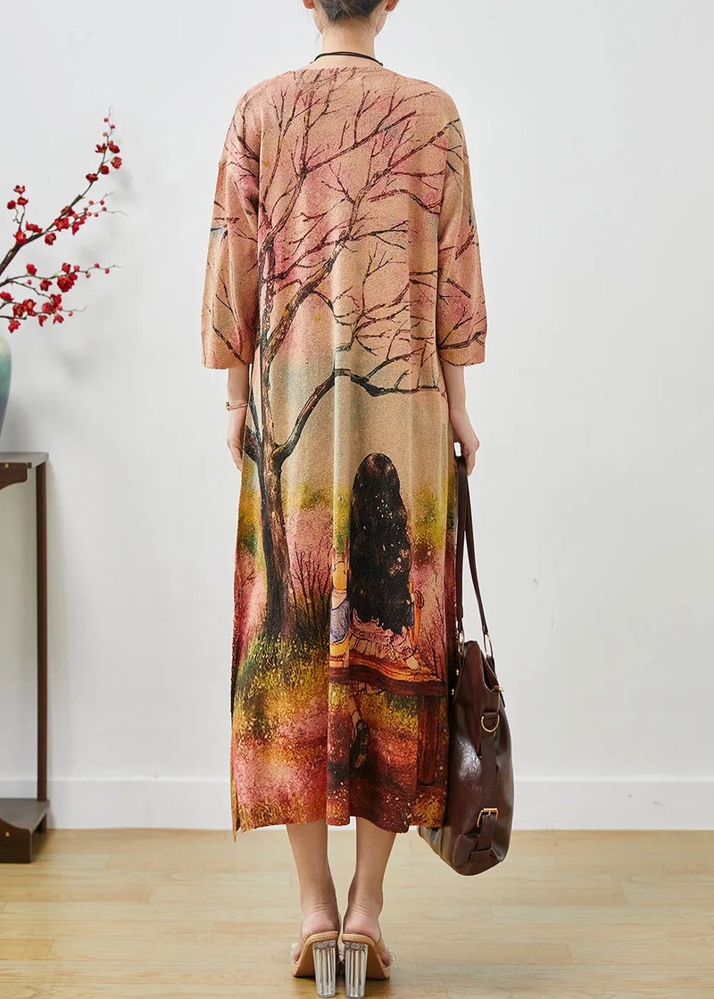 Khaki Oversized Print Knit Long Dresses Fall