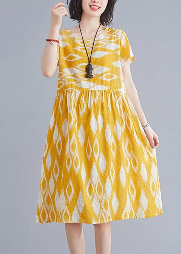 Yellow O-neck Wrinkled Print Cotton Beach Dresses Short Sleeve