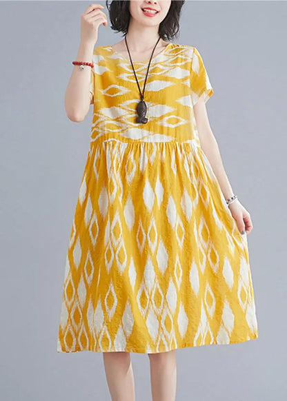 Yellow O-neck Wrinkled Print Cotton Beach Dresses Short Sleeve