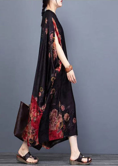 Black O-neck Print Chiffon Vacation Dresses Batwing Sleeve
