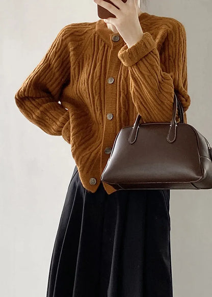 French Grey O-neck Button Cable Knit Coat Fall