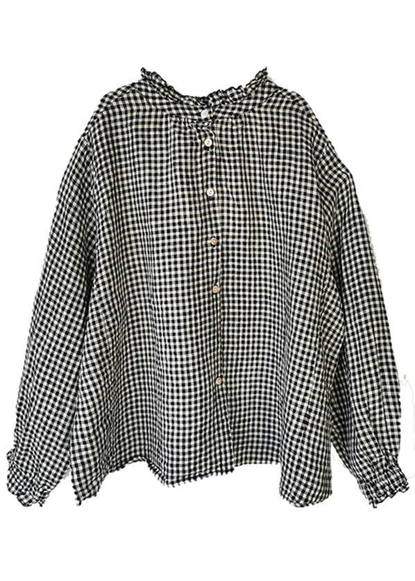 Art Black White Plaid Button Ruffled Fall Long Sleeve Blouse Top