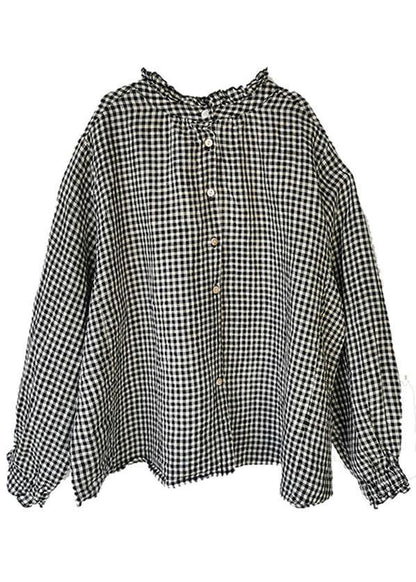 Art Black White Plaid Button Ruffled Fall Long Sleeve Blouse Top