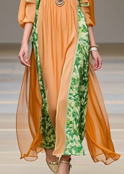 Orange U Neck Patchwork Chiffon Robe Dresses Bracelet Sleeve