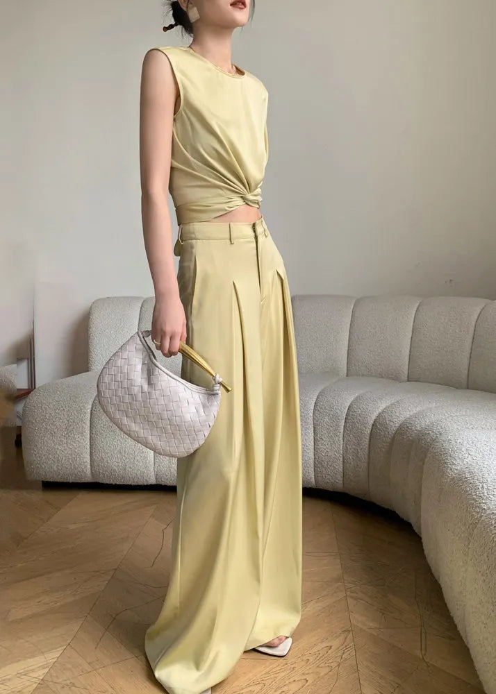 French Yellow O-neck Silk Top and Wide Leg Pants Two Pieces Set Sleeveless