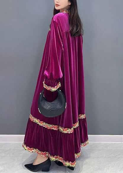 New Purple Wrinkled Patchwork Silk Velour Long Dresses Long Sleeve