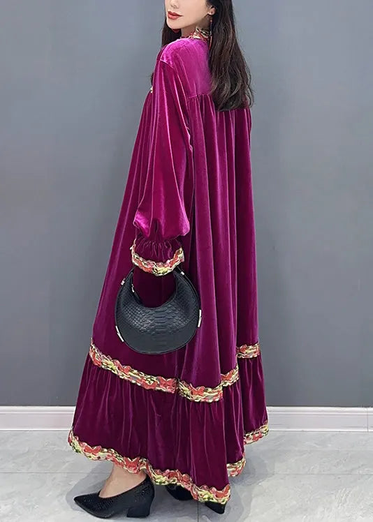 New Purple Wrinkled Patchwork Silk Velour Long Dresses Long Sleeve