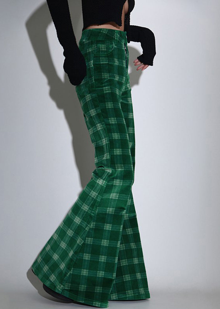 Green Plaid Pockets Corduroy Flare Bottoms Spring