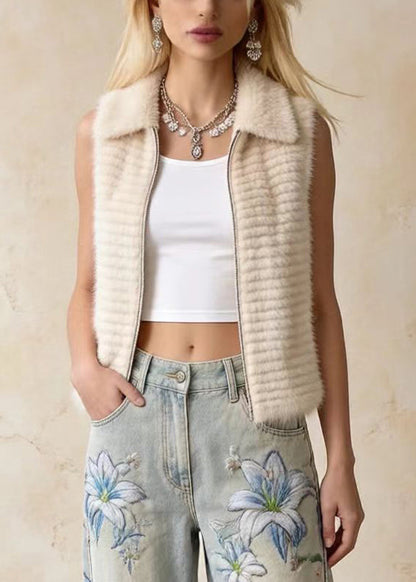 Khaki Peter Pan Collar Faux Mink Hair Vests Winter