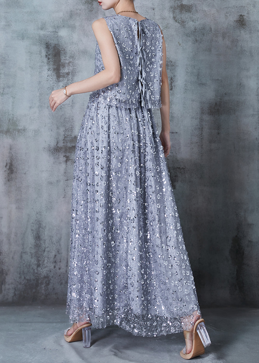 French Grey Sequins Back Lace Up Silk Two Pieces Set Summer