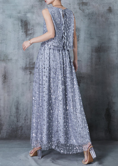French Grey Sequins Back Lace Up Silk Two Pieces Set Summer