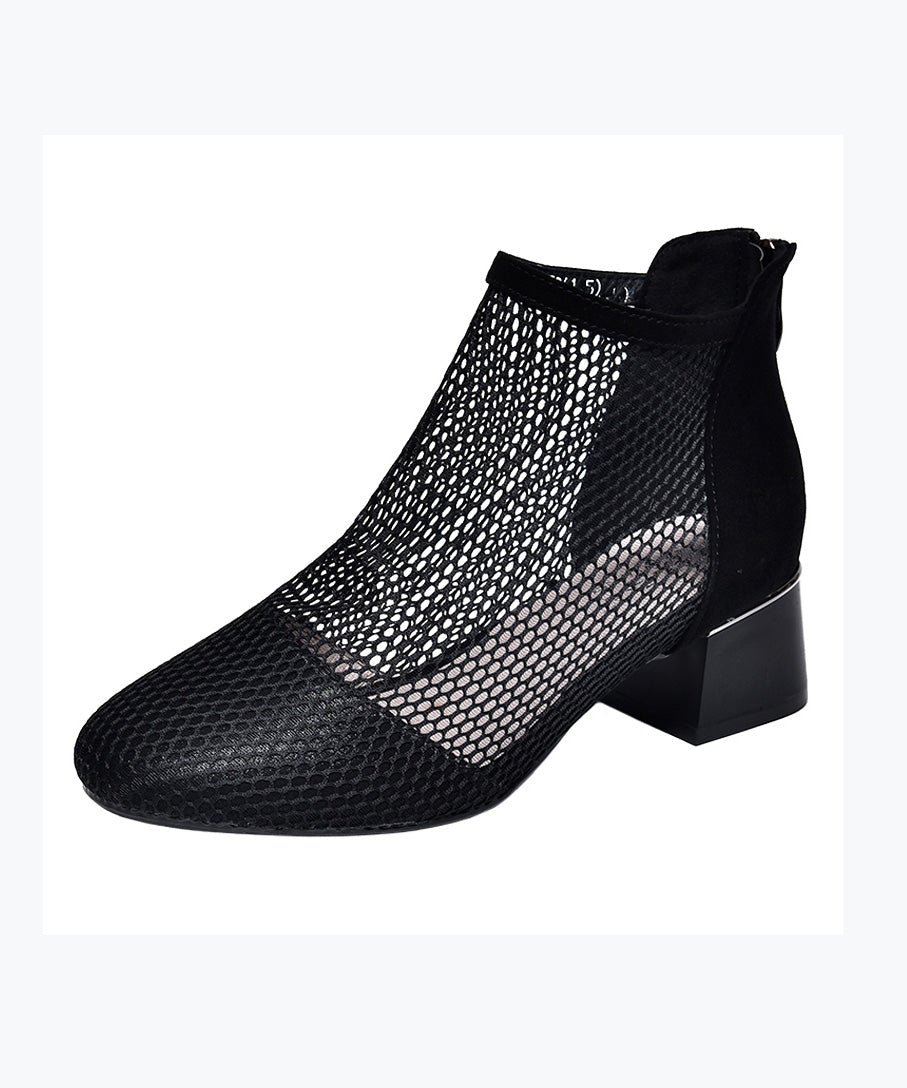 Black Boots Chunky Faux Leather Splicing Breathable Mesh