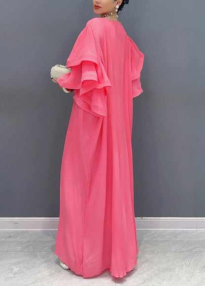Purple O Neck Wrinkled Long Dresses Butterfly Sleeve