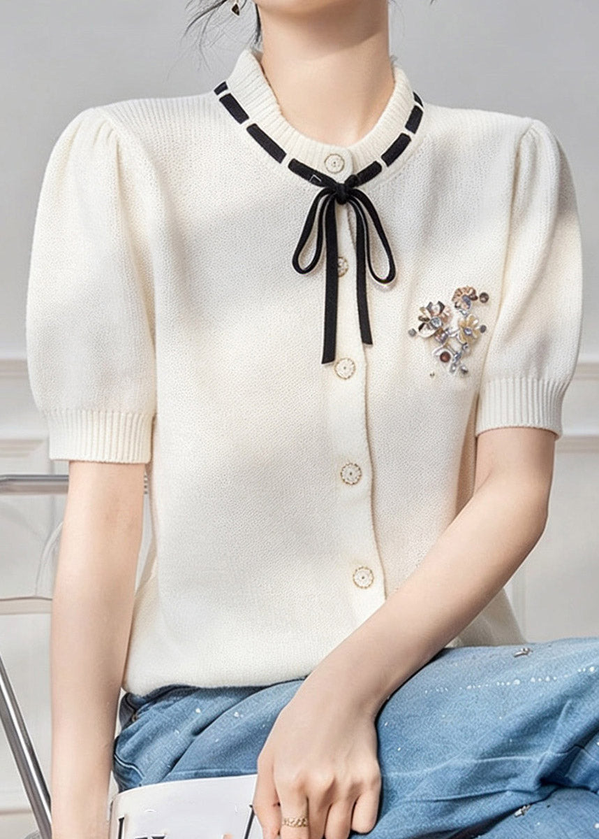 French White Peter Pan Collar Tie Lace Knit Top Short Sleeve Summer